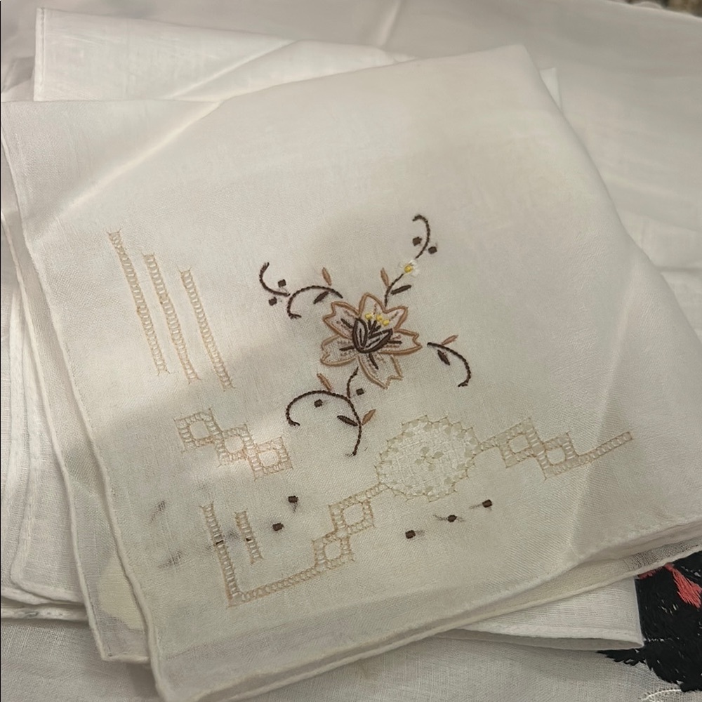 Vintage Linen Embroidered Cream Handkerchief by DESCO Gold Floral NWT